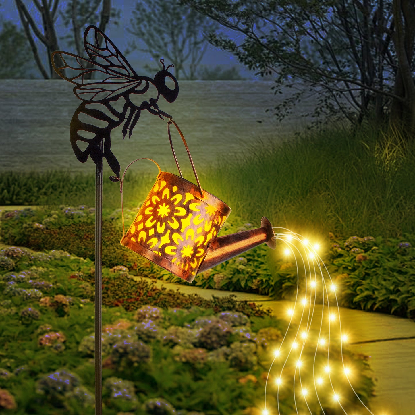 Solar Garden Lights – Flower-shaped Metal Watering Can, Outdoor Waterproof Patio & Lawn Decor