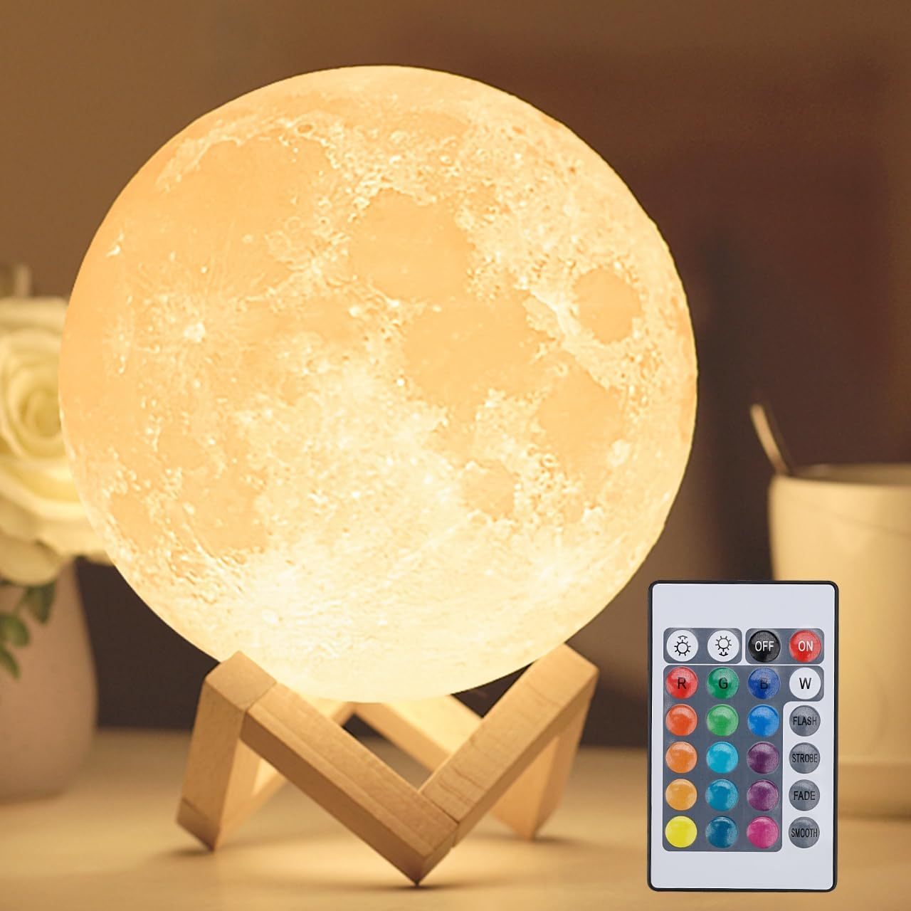 16-Color Moon Lamp LED Night Light with Stand & Remote – Creative Home Decor